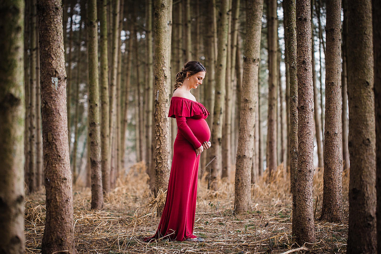  Photo of a young pregnant woman standing in a forest of pine trees. 