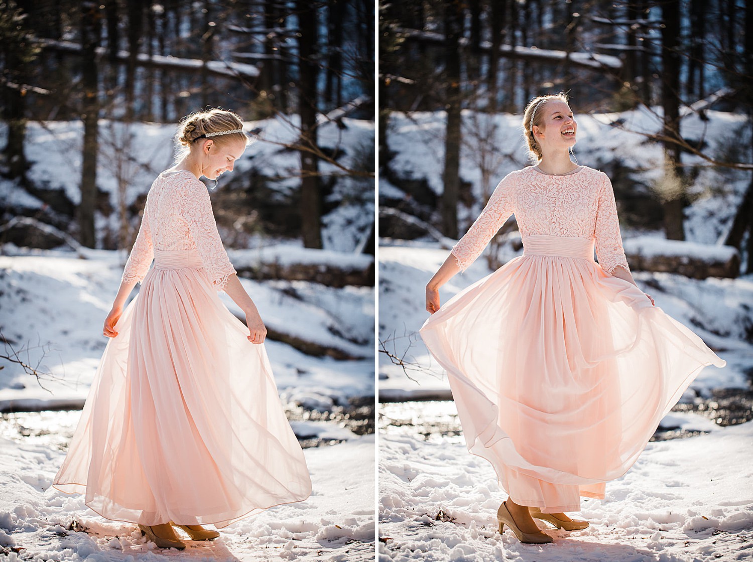  Photo of a young blonde woman in a long light pink gown twirling in a wintery forest. 