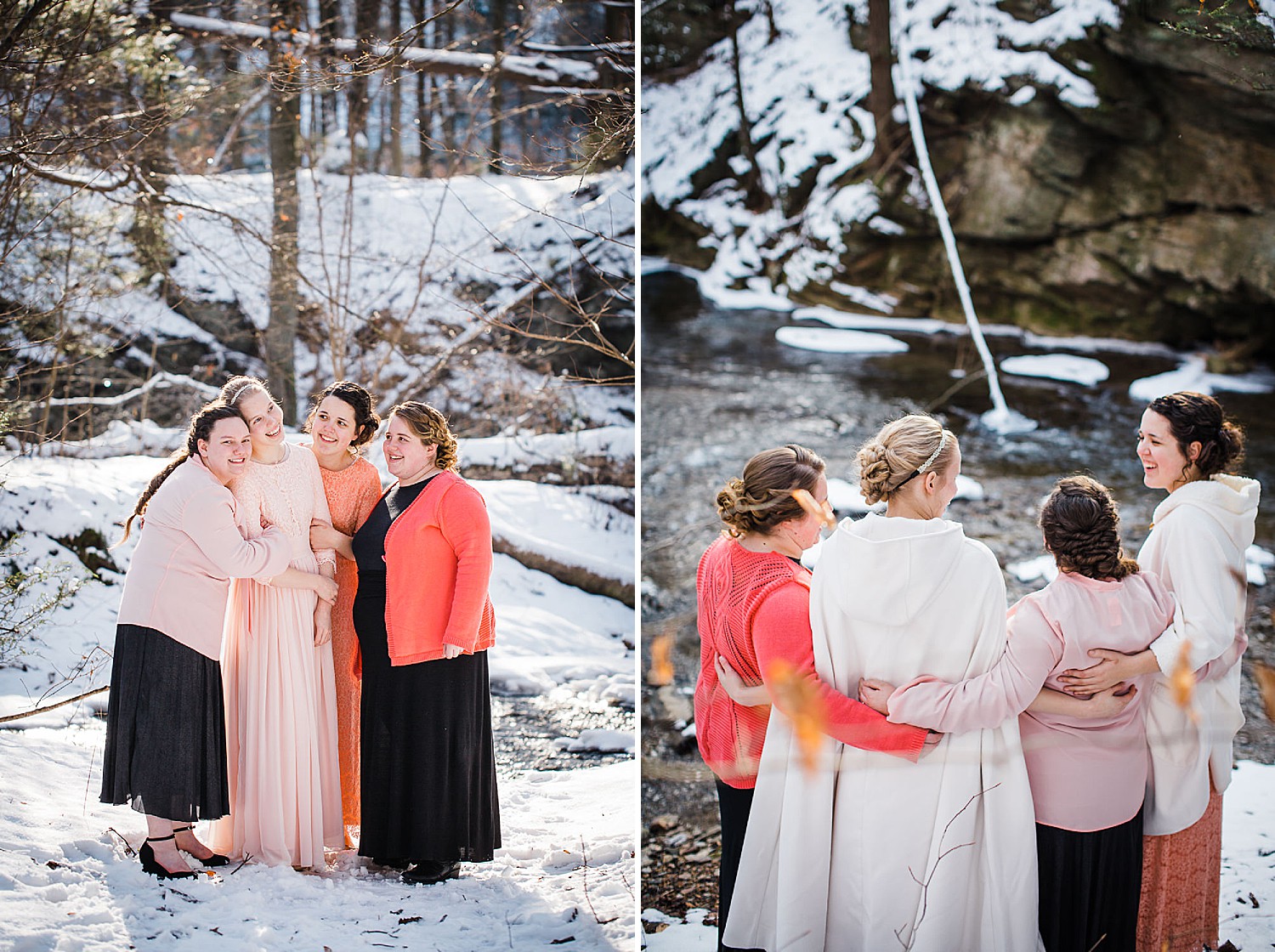  Photo of four young women in long gowns standing in a wintery forest. 