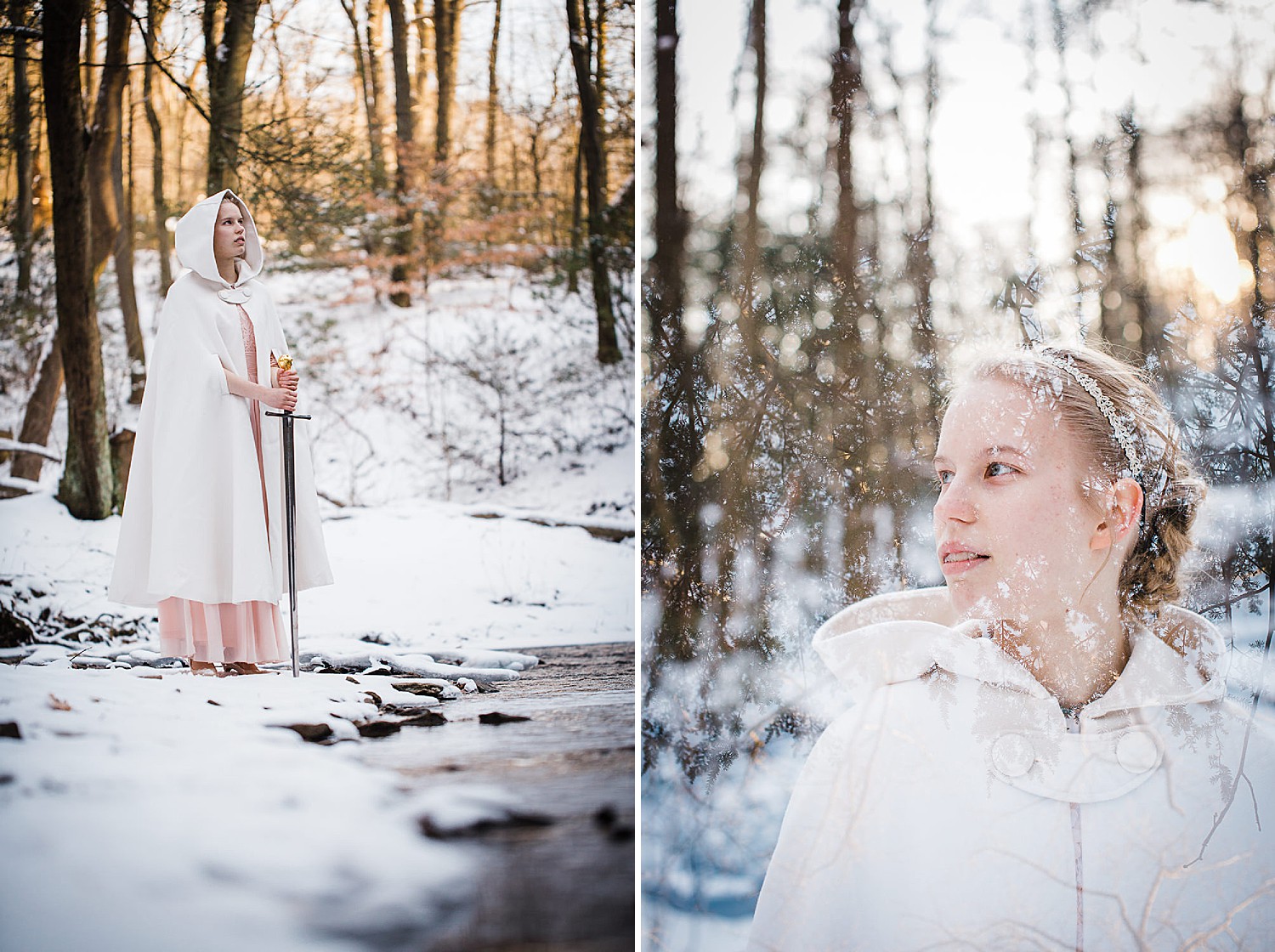  Photo of a young blonde woman in a long light pink gown and white hooded cape standing in a wintery forest. 