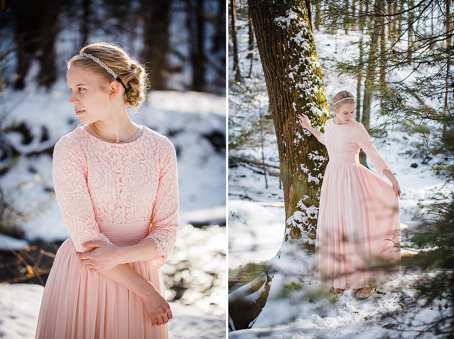  Photo of a young blonde woman in a pink gown standing in a wintery forest. 