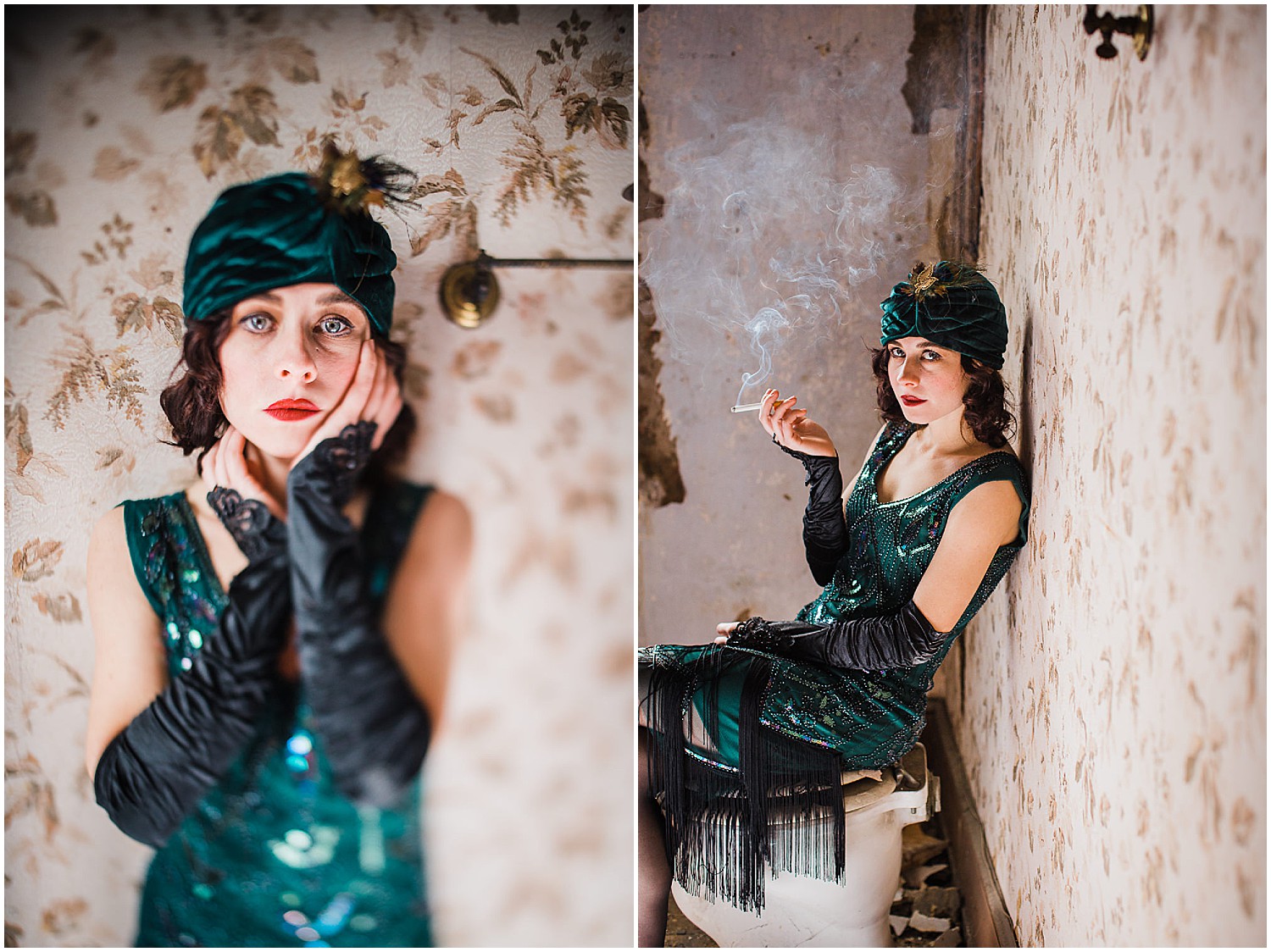  Photo of a glamorous young brunette woman wearing a green vintage flapper dress and a green velvet turban and peacock feathers. 