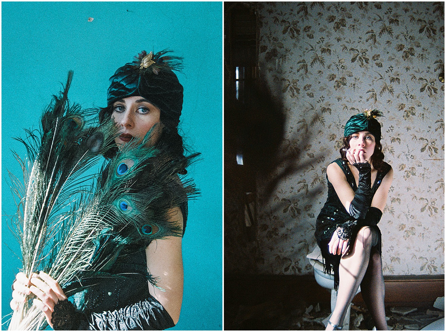 Photo of a glamorous young brunette woman wearing a green vintage flapper dress and a green velvet turban and peacock feathers.