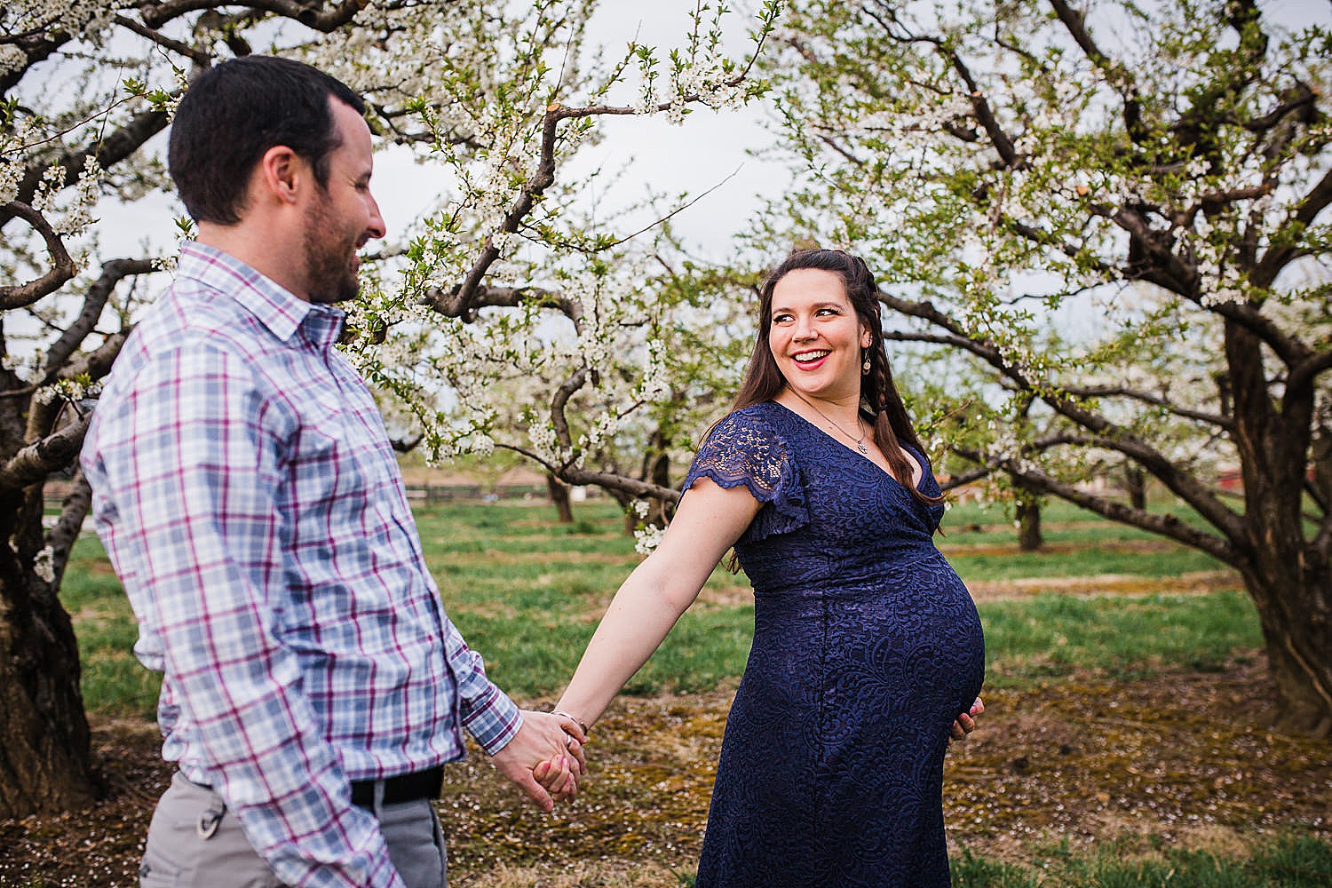  Photo of a pregnant woman in a blue lace dress walking with her husband in an orchard of flowers. 