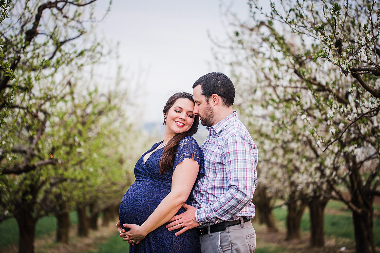  Photo of a pregnant woman in a blue lace dress standing with her husband in an orchard of flowers. 