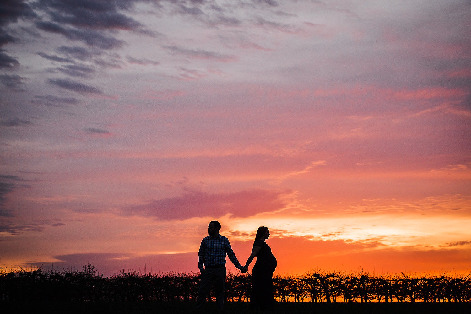 Silhouette photo of a pregnant woman walking with her husband in an orchard at sunset.