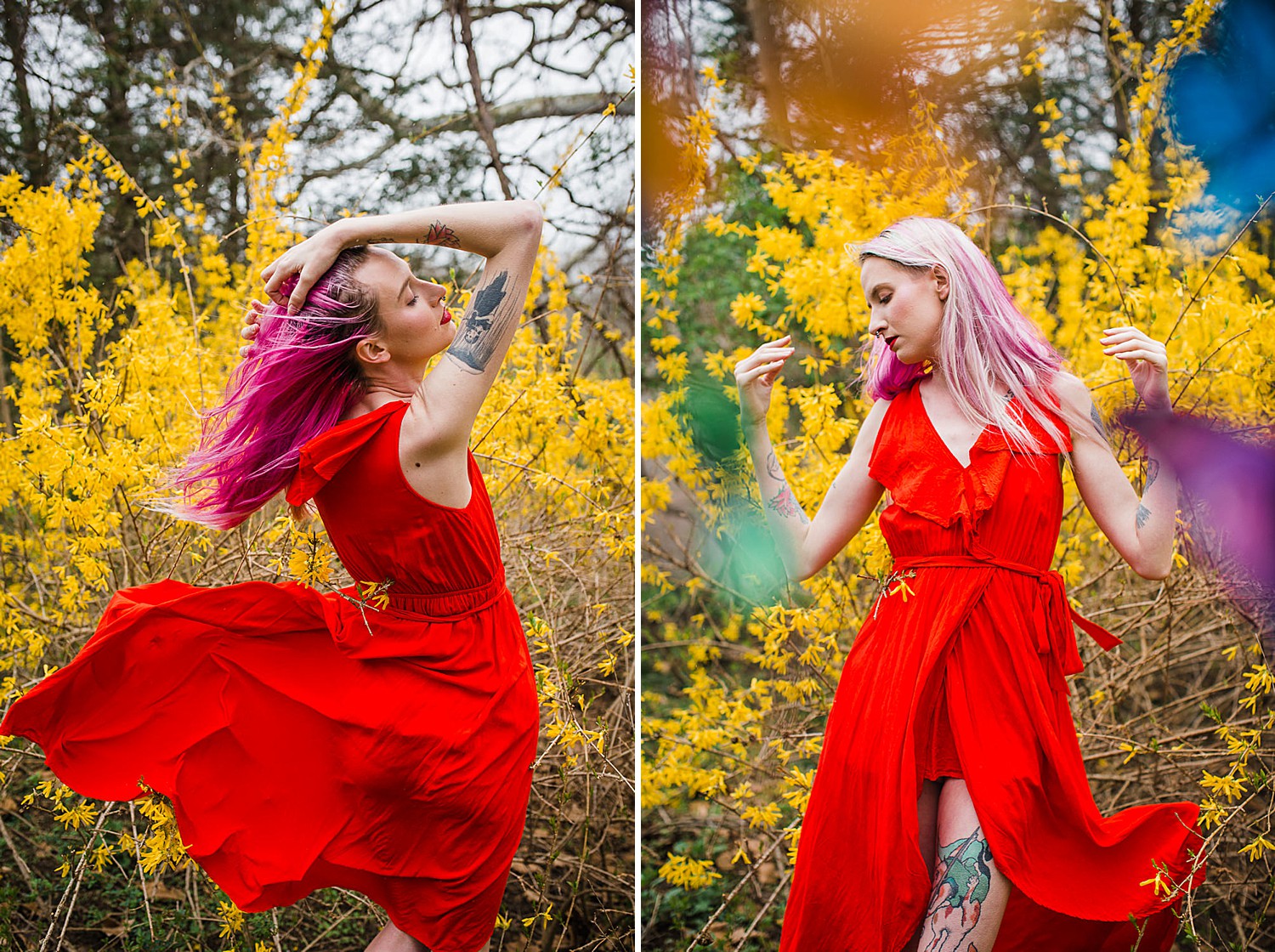 Portrait photo of a young woman wearing a bright red dress standing in front of a yellow forsythia bush surrounded by colorful butterflies.