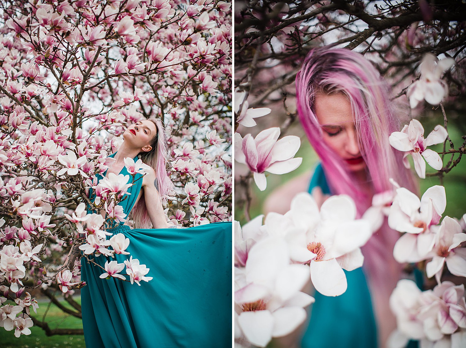  Portrait photo of a young woman with pink hair and a teal dress standing in a tree of magnolia blossoms. 