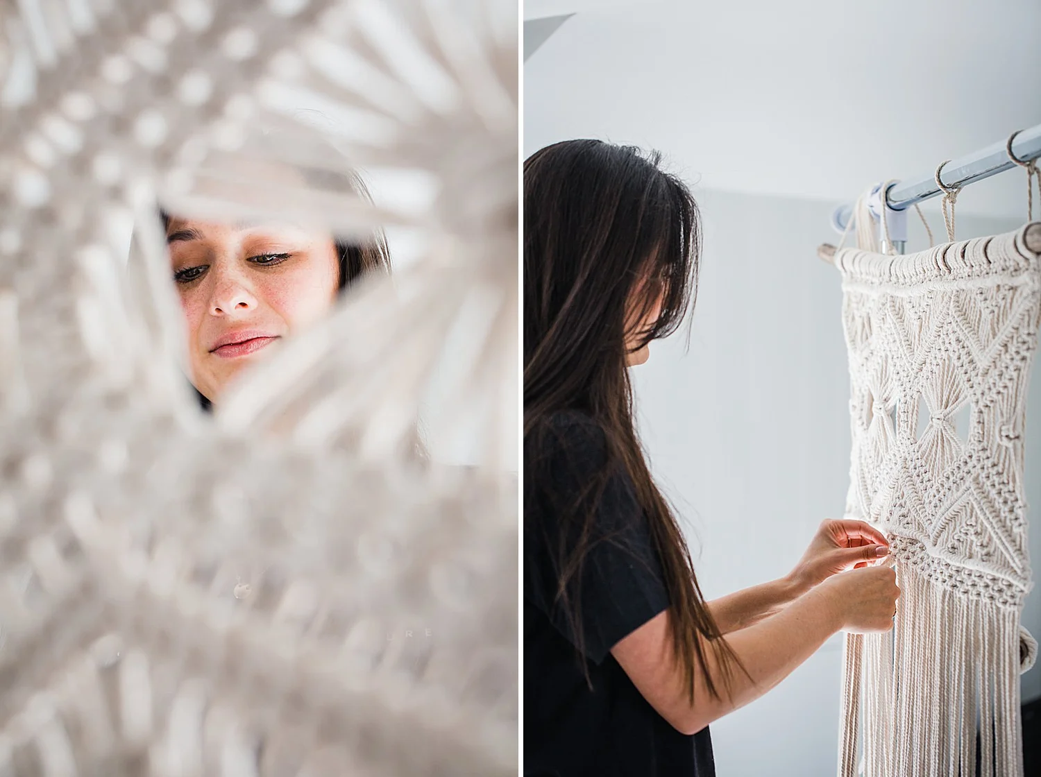Photo of a young woman sitting in a bright studio space creating macrame art.