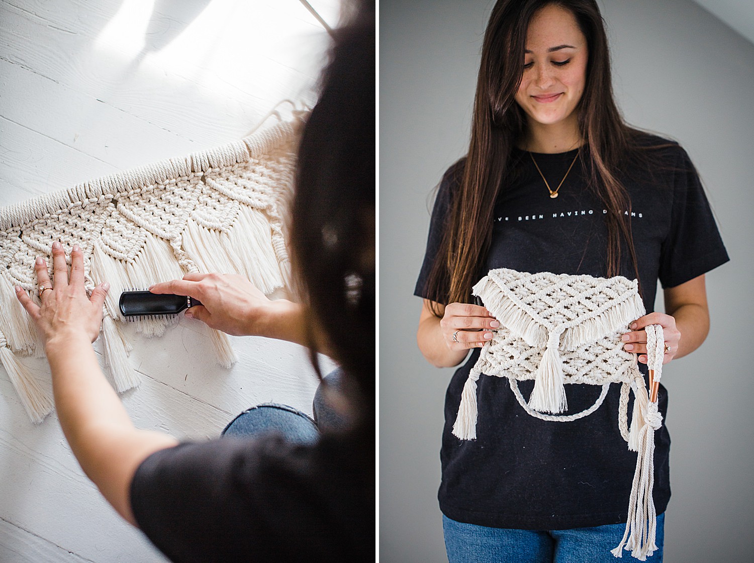 Photo of a young woman sitting in a bright studio space creating macrame art.