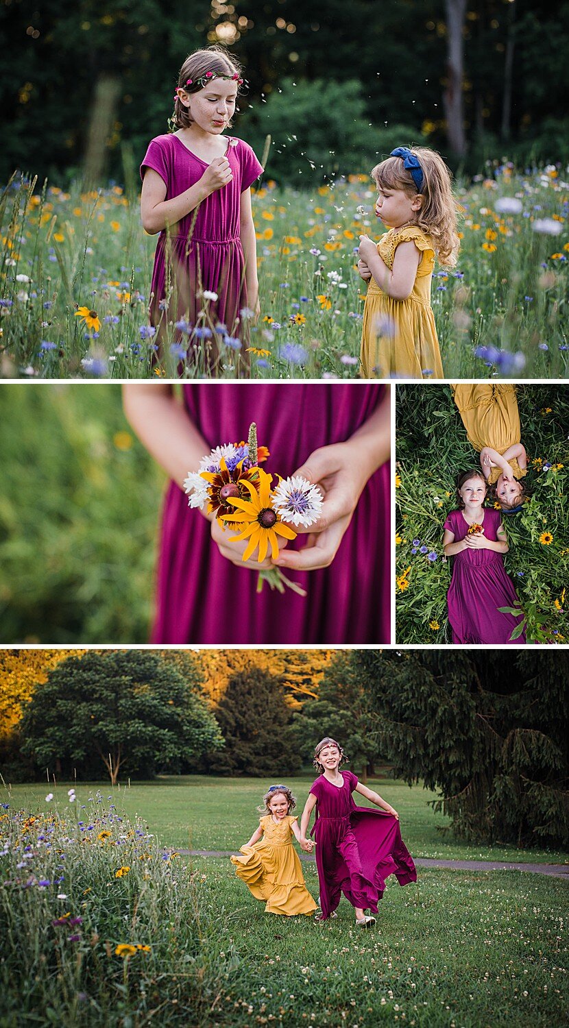 colorful wildflower field with two little girls