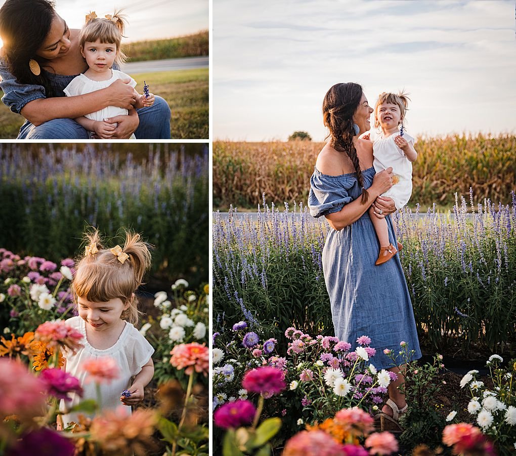 mother and daughter in a field of zinnias