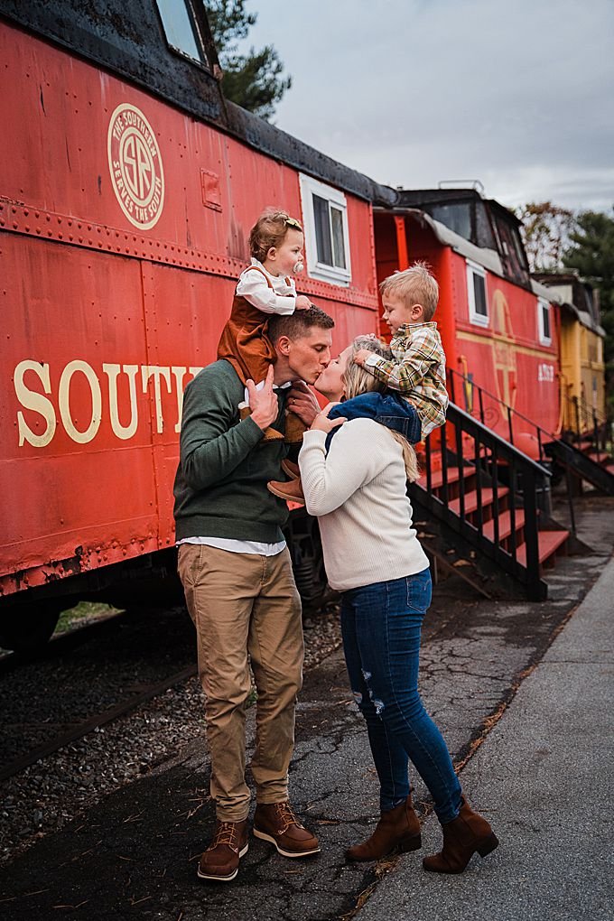 family photo with train cars