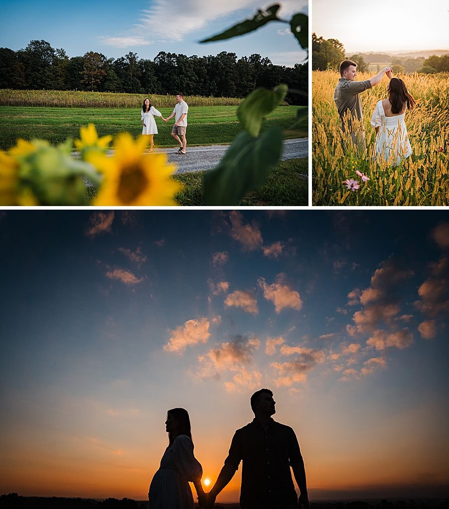 A couple stands in a field of flowers at sunset