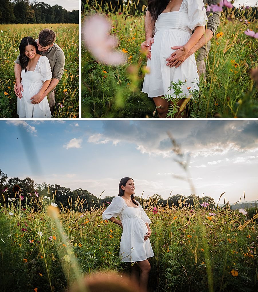 couple in a field of wildflowers at sunset