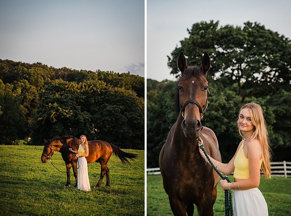 a woman and her horse at sunset