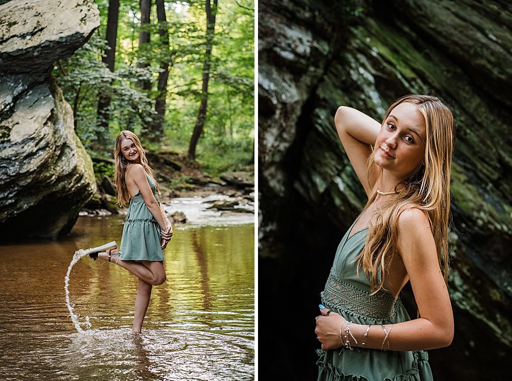 senior portrait in the stream