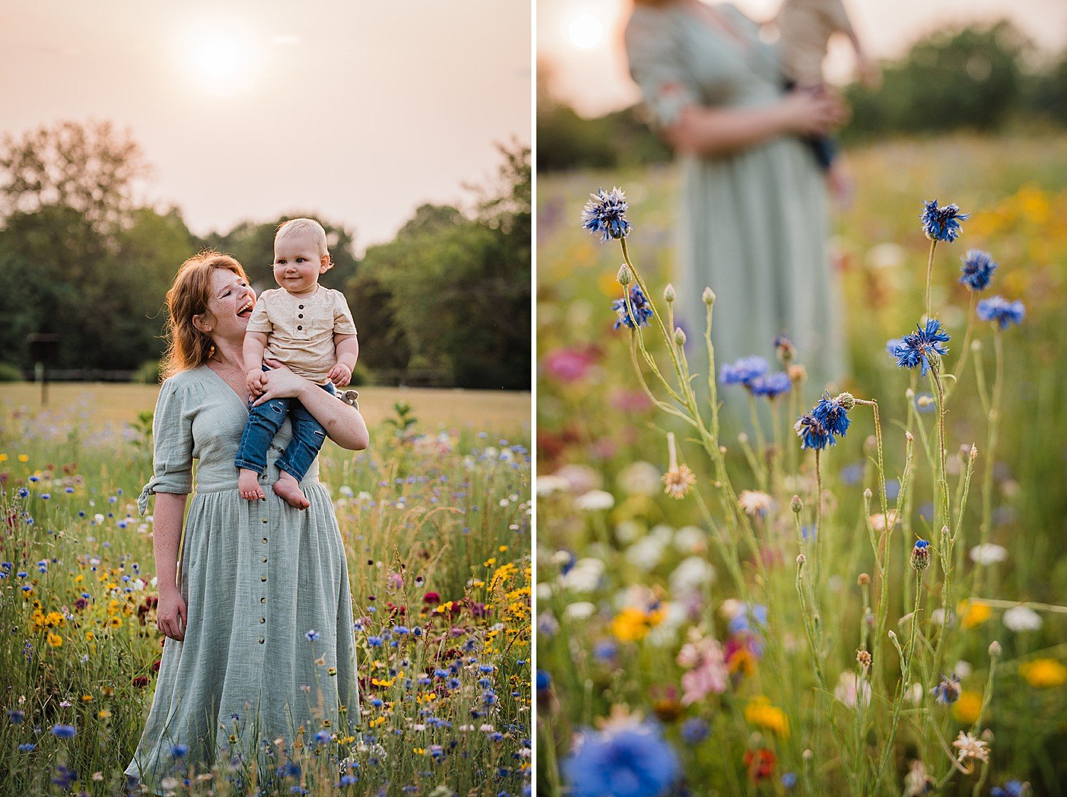  A photo of a mother playing with her little baby boy in summer time in a field of wildflowers in Lancaster, PA 