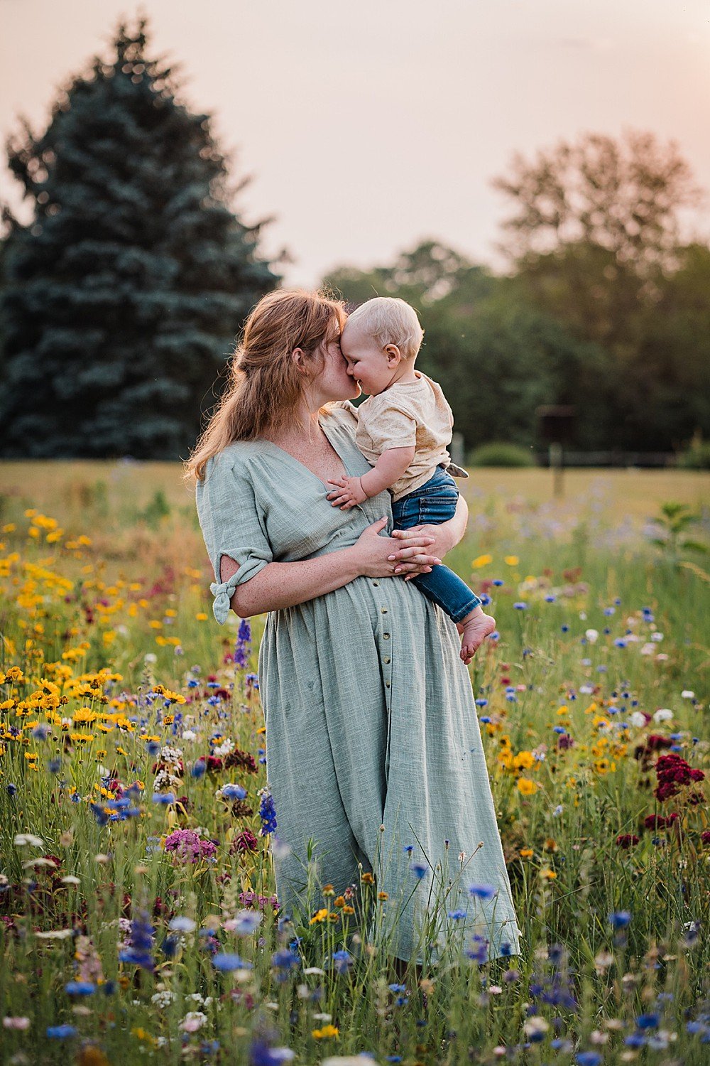 mother and son in wildflowers