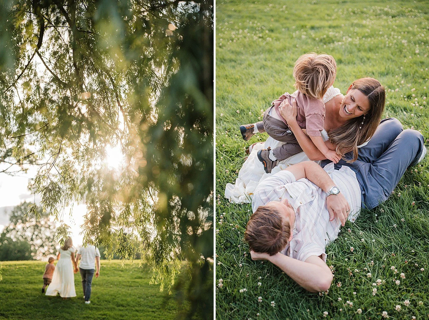 A mother, father and young boy walk and play together in green grass in Lancaster, PA.
