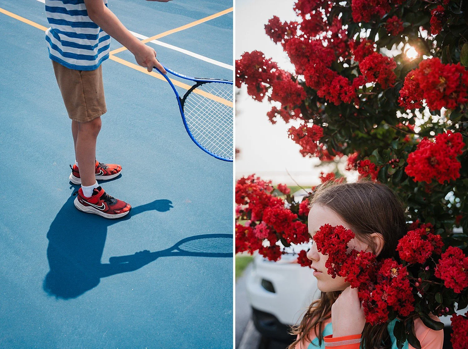 Colorful photo pairing of a boy holding a tennis racket, cropped without showing his face, next to a photo of a girl standing in a bright red flowering bush using the branches to cover her face.