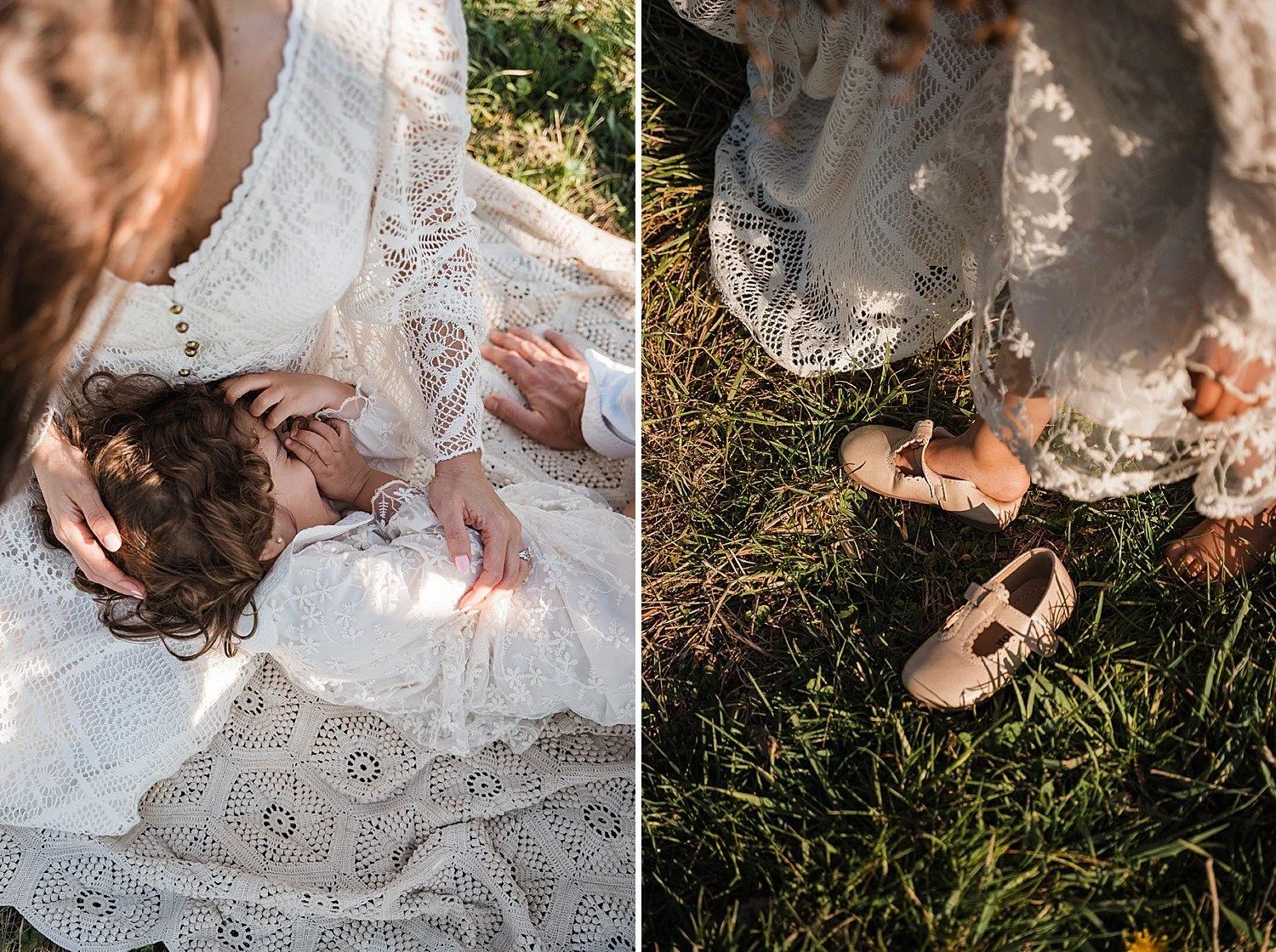 Faceless image of a little girl and her mother lying on a blanket along with her pair of shoes.