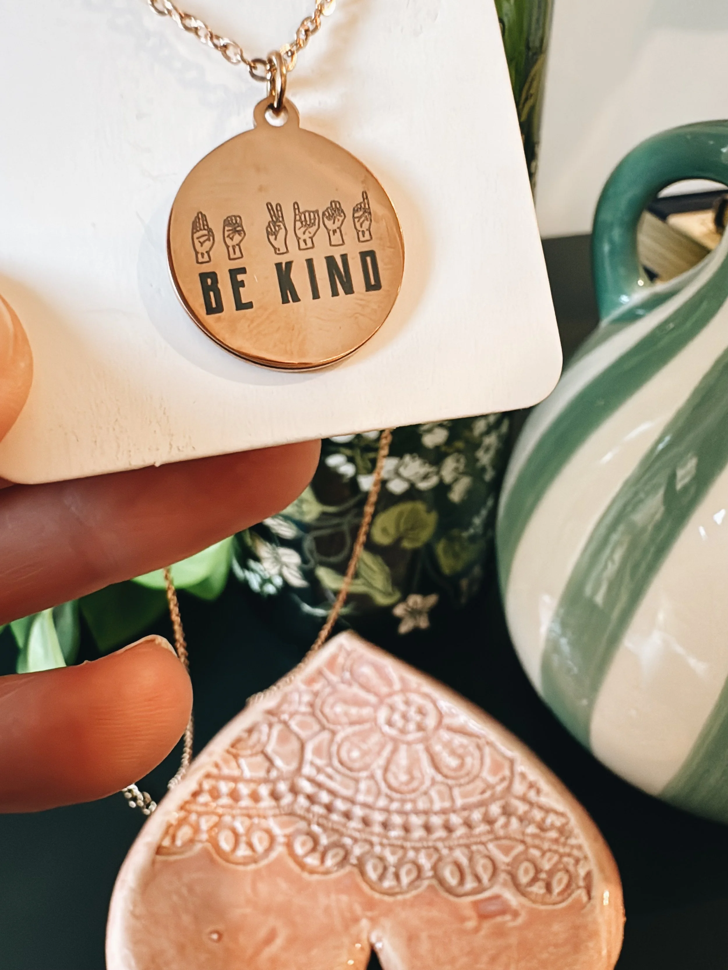 be kind sign language necklace rose gold