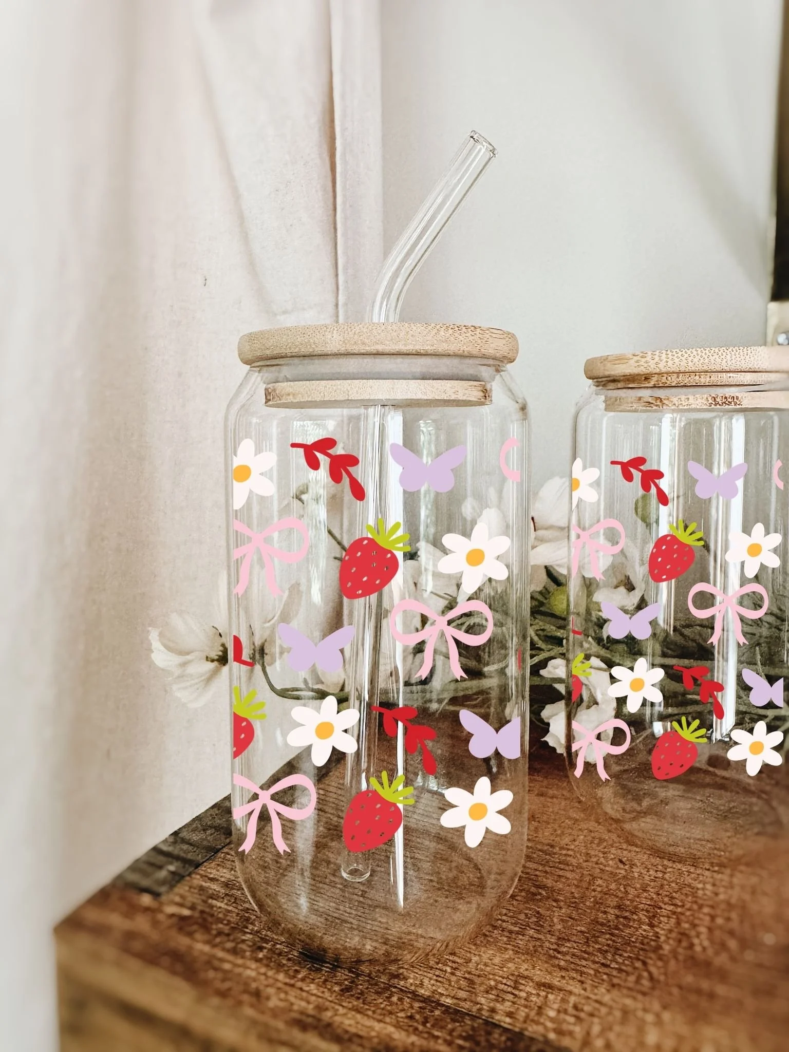 Strawberries and Bows Glass Latte Cup | Cute Gift Coffee Glass