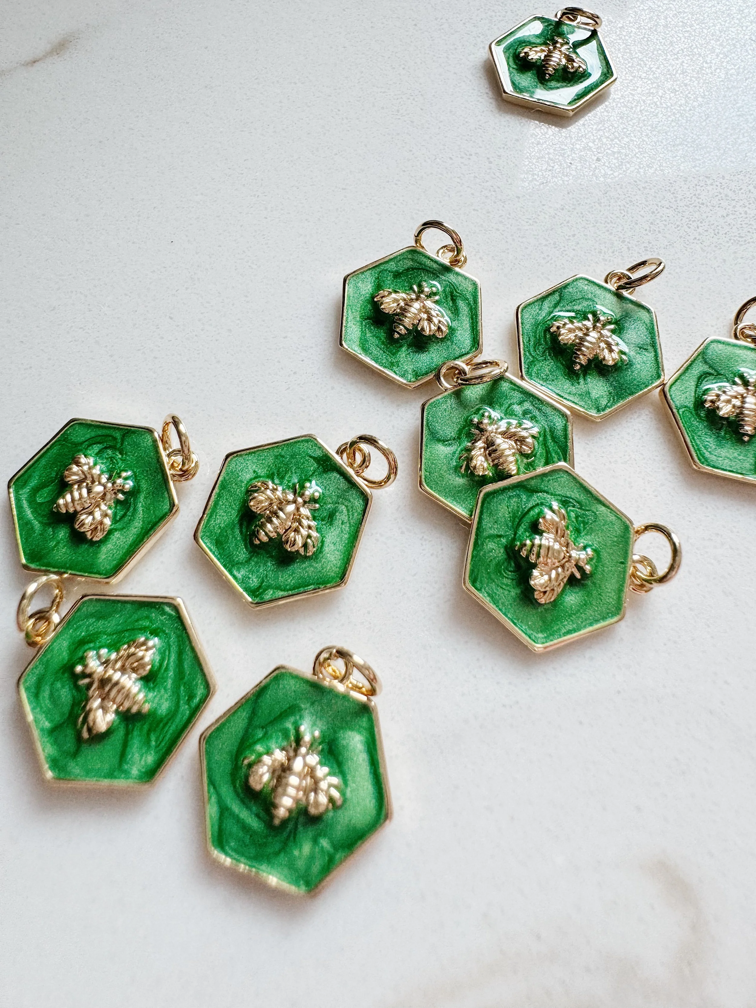 Green and Brass Hexagon Bee Clip-On Charm