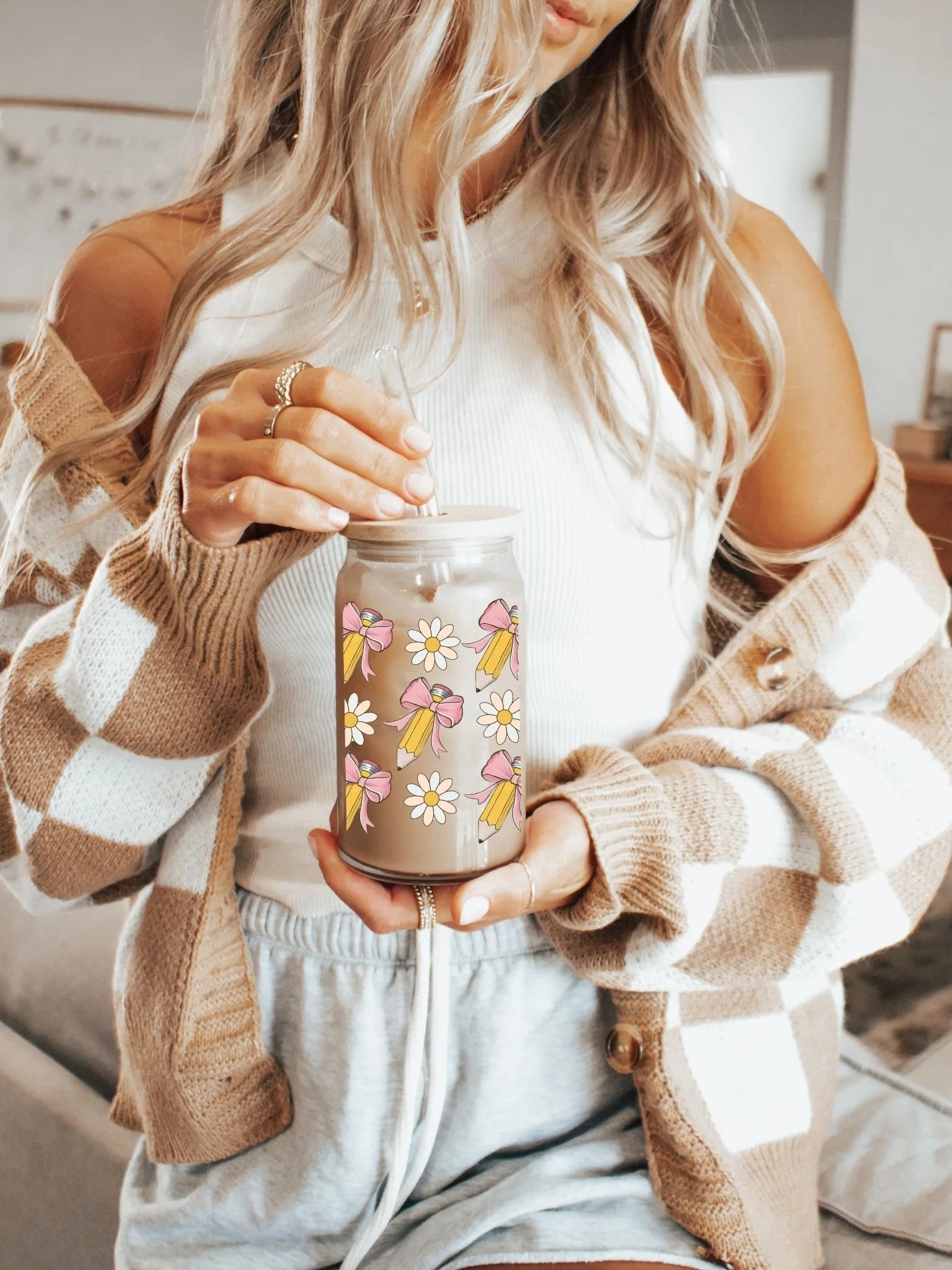teacher bows pencils glass latte cup