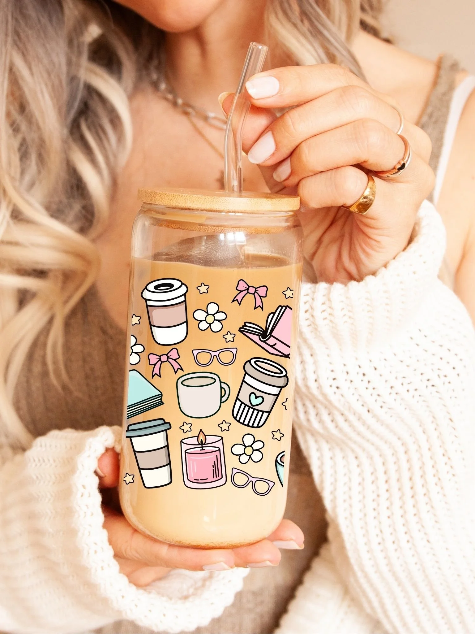 latte and books glass latte cup