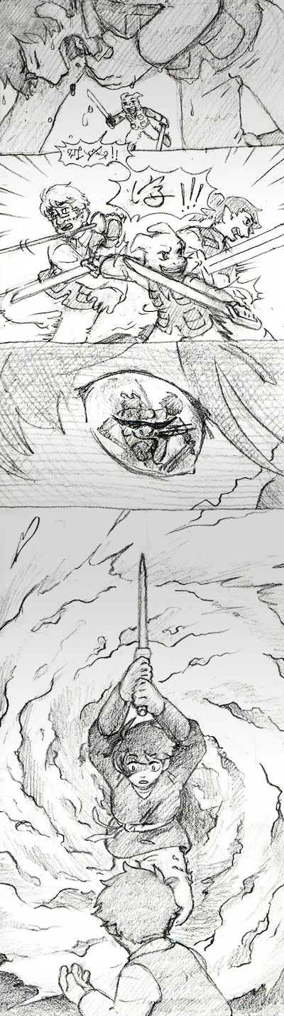  Having been launched back onto his ship, the retching sailor is protected by his fellow crew before an enemy breaks through and moves to finish off the straggler. As the enemy is reflected in an inhuman eye, a whirlpool appears behind them. 
