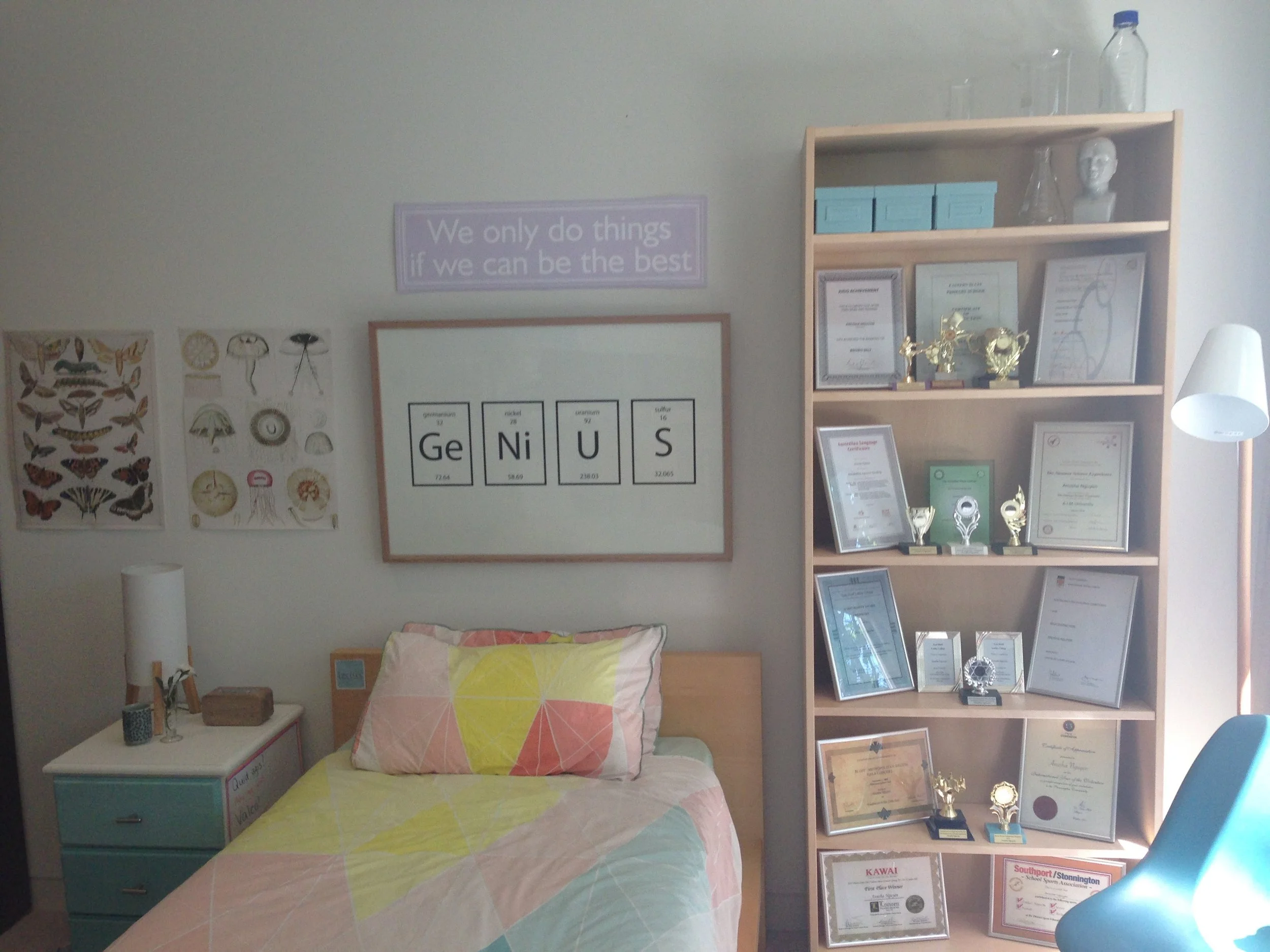 Anusha's bedroom and all of her certificates.