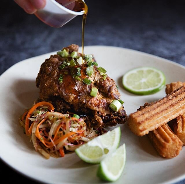 You guys gotta go get some of this chicken &amp; churros special at @cochinitotaqueria today!  Buttermilk fried airline chicken breast (perfectly seasoned and amazingly tender) tossed in hazelnut salsa macha, radicchio slaw and served with their hous