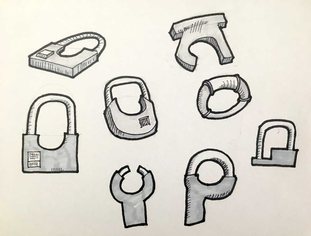 FORM EXPLORATIONS: I started the generative work with the lock, because it would dictate some of the app's functionality requirements. I used the crazy 8's methodology to come up with a wide range of form factors.