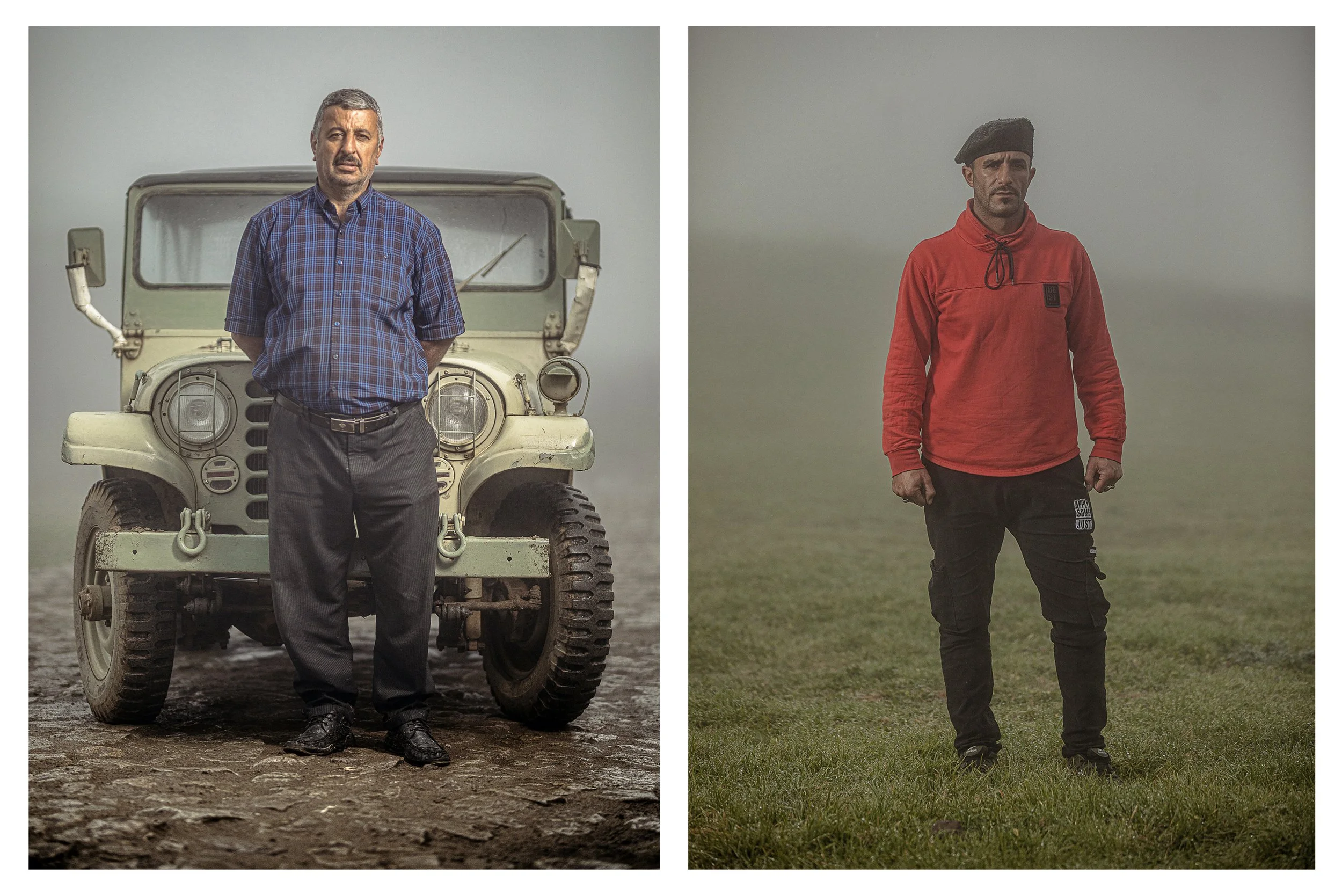 Split image showing two men standing outdoors. The man on the left is standing in front of a vintage military-style vehicle, wearing a blue plaid shirt and gray pants, with hands behind his back. The man on the right is in a grassy field, wearing a r