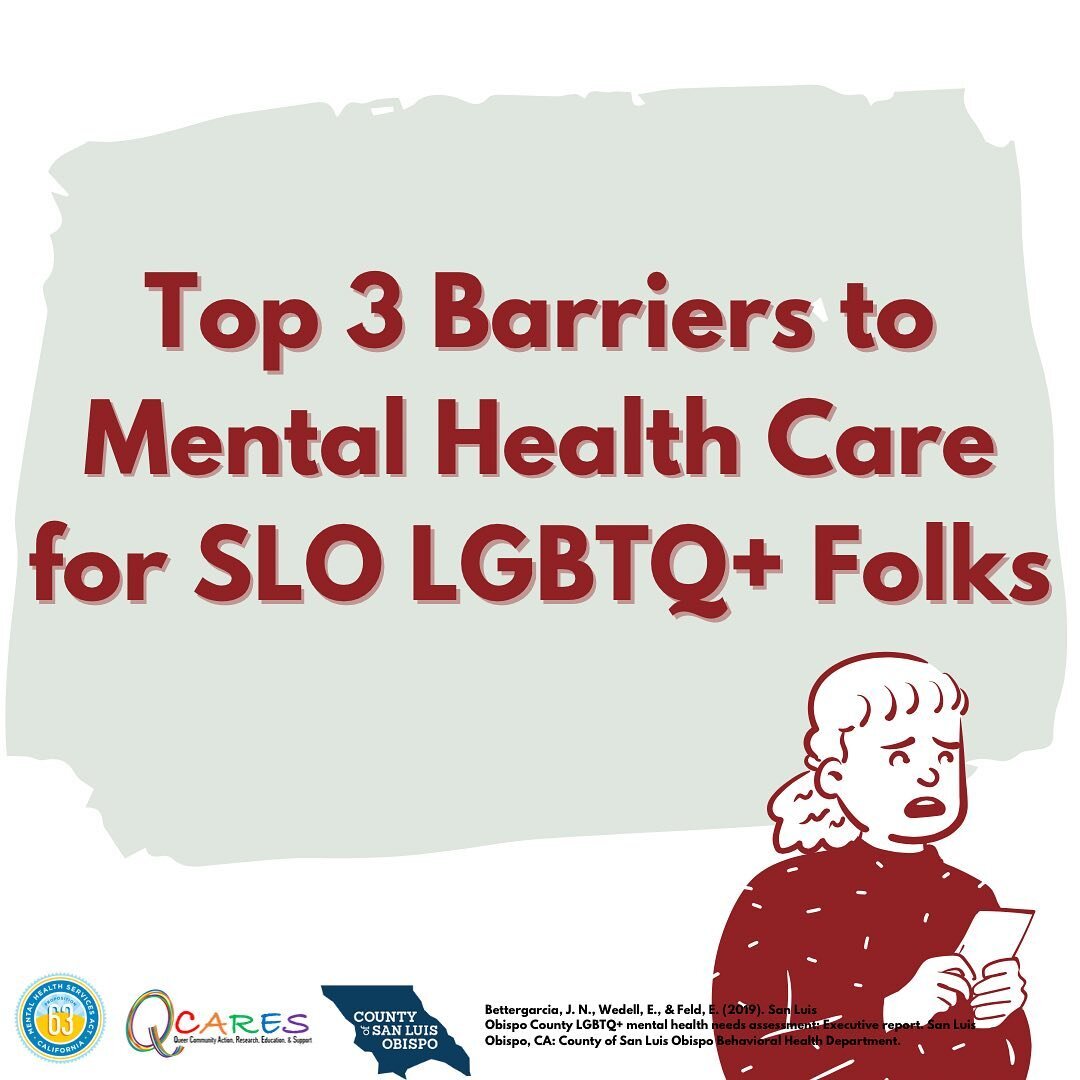 Here is our second infographic from our SLO LGBTQ+ Needs Assessment! This week&rsquo;s topic is the Top 3 Barriers to Mental Health Care for SLO LGBTQ+ Folks!