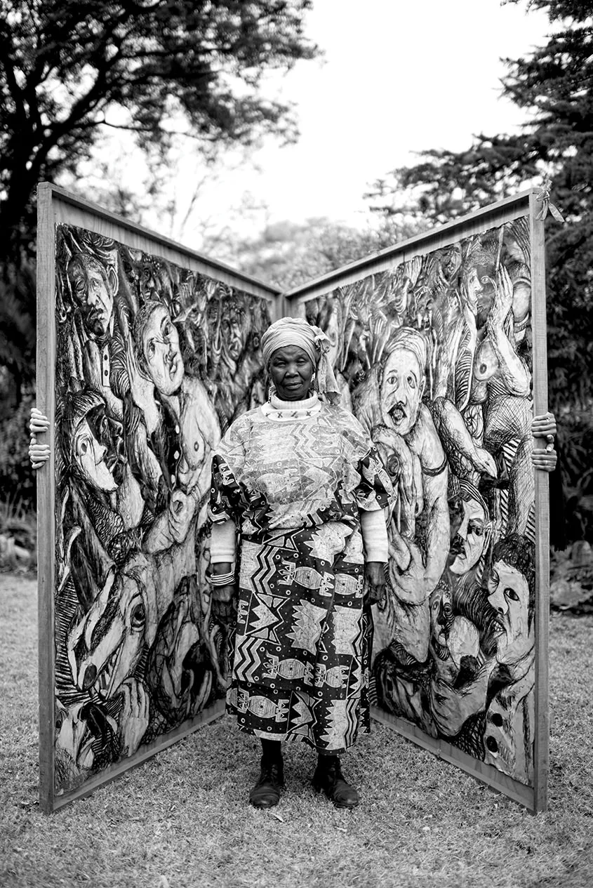 Fotograaf Adrian Steirn se portret van die kunstenaar omring deur haar bekendste werk Tears of Africa (1978 - 1988), as deel van die 21 Icons -reeks.