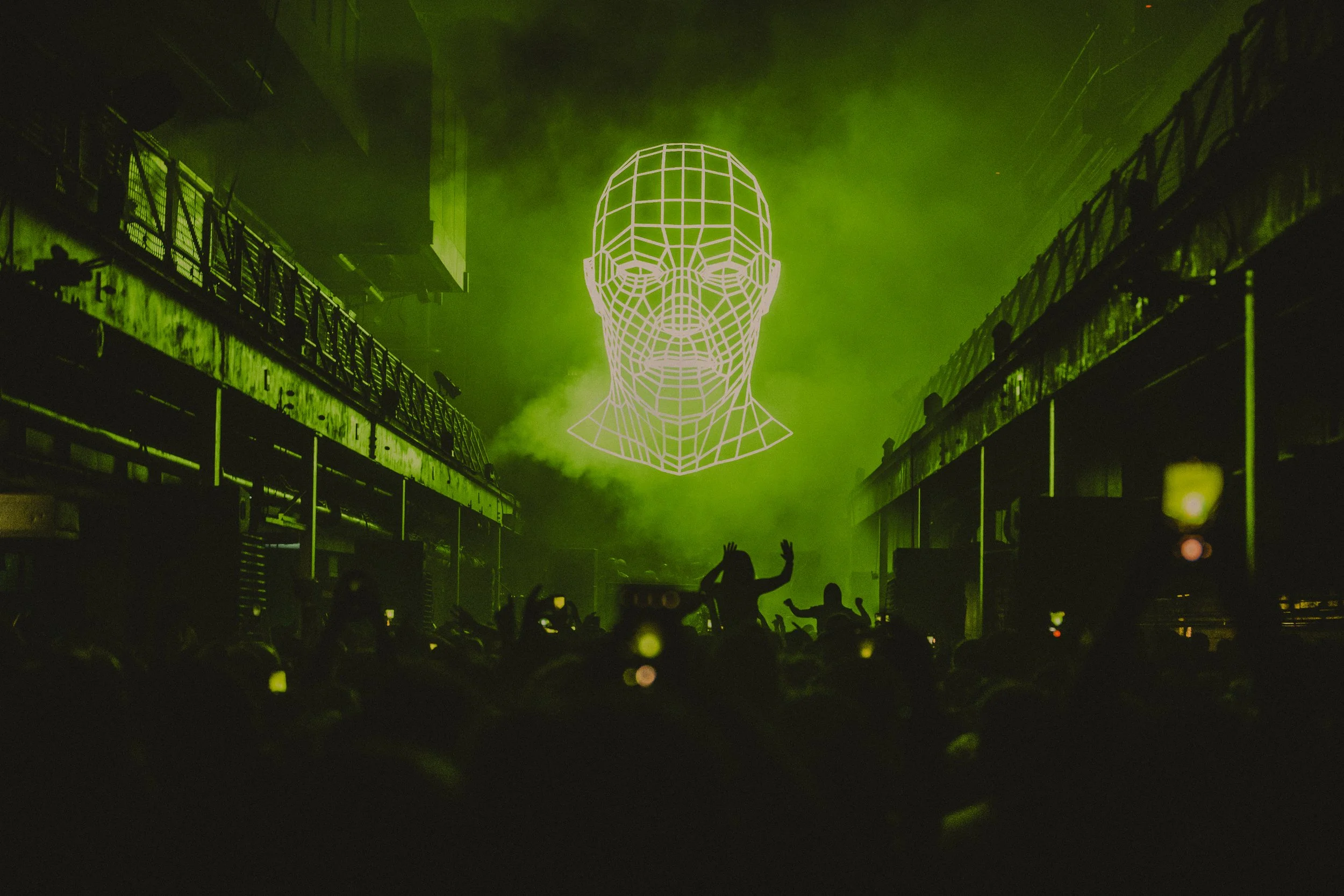 Crowd at a concert or music festival with silhouettes of people dancing, a large virtual face on a screen, and green lighting creating an atmospheric scene.