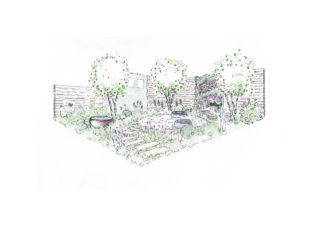 RHS Hampton Court Palace Flower Show 2015 After months in the planning I am really excited to announce that myself and fellow Garden Designers Amy Robertson and Claire Moreno have had our design accepted to build a show garden at this year’s RHS Hampton Court Flower Show for the charity Wellbeing of Women. It’s in the Summer Garden category and at just 6×7 metres is small but hopefully its impact will be big! Wellbeing of Women are a fantastic charity who over the last 50 years have funded much needed medical research in to a wide range of issues affecting women’s health such as ultrasound, IVF, cancer and miscarriage. Due to the therapeutic link between gardens and wellbeing an RHS Show seemed the perfect place to raise awareness of their work and the issues involved. The charity asked for a feminine but unfussy garden with medicinal plants. The design is centred round a circular patio with stepping stones marking each decade of the charity’s work and a calming water feature from Urbis Design . There are panels of flowers cast in concrete by artist Rachel Dein to act as a beautiful but poignant memorial to loss and in sharp contrast a living wall by Biotecture which celebrates the babies and women thriving due to the charity’s work. The planting will be feminine and soft using medicinal, sensory and aromatic plants in purples, blues and whites to reflect the charity’s logo. There has been a lot of hard work to get to this point. The garden started as a collaboration of 3 designers and has now grown into a wider collaboration of designers, contractor, sponsors and artists and the garden wouldn’t be happening without everyone’s time, goodwill and financial backing.