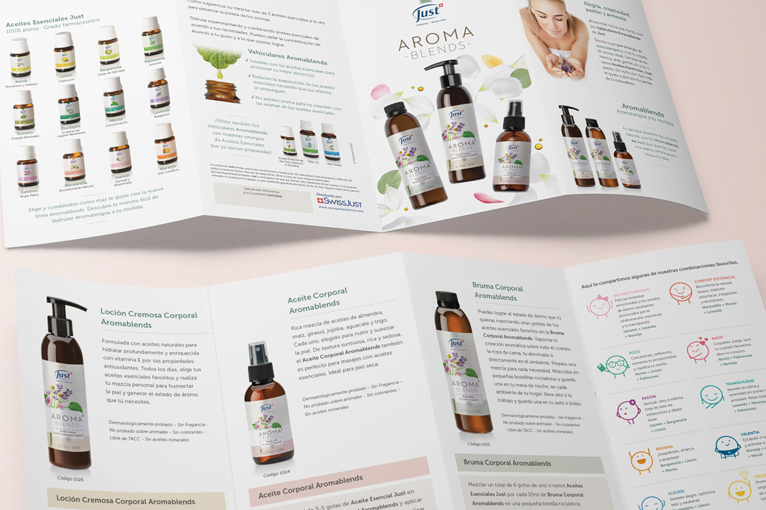  Packaging and brochure design for  Just  Aromablends. Aromableds is a SwissJust set of products made for you to create your own aromatherapy. 