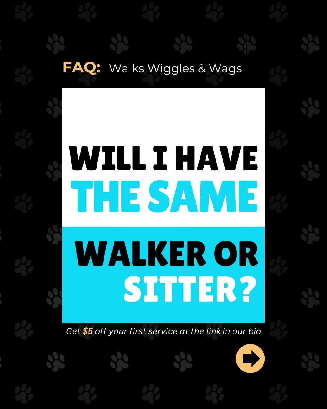 FAQ: Will I have the same dog walker or pet sitter each time?

Most days, your pet will see the same walker or sitter. But at Walks Wiggles and Wags, we have a team-based approach to offer uninterrupted service, flexibility for last-minute changes, a