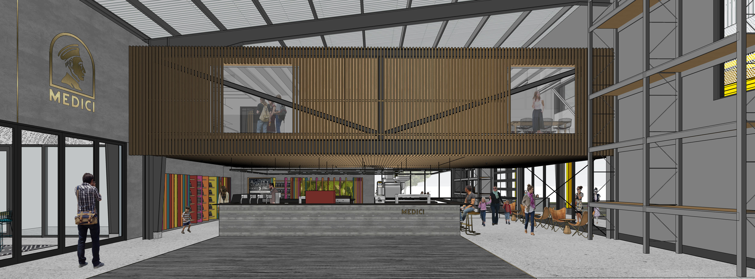 MEDICI ROASTING FACILITY | interiors, graphics, ffe Expected to open in 2018, Caffé Medici will be opening their first ever roasting facility in the Springdale General development on the east side. A highly anticipated shared workspace environment, will house 15 different buildings across 10 acres of space. Our design for Medici is based on an artfully crafted space that is true to its nature. Artful craft requires passion; it can be quirky, frugal, or resourceful, but it should stay true to its nature. In staying true to its nature of the place, the nature of Medici, and the nature of the materials used, the Medici Roasting Facility will be a celebration of craft. Client: Michael Vaclav Location: Austin, TX Size: TBD