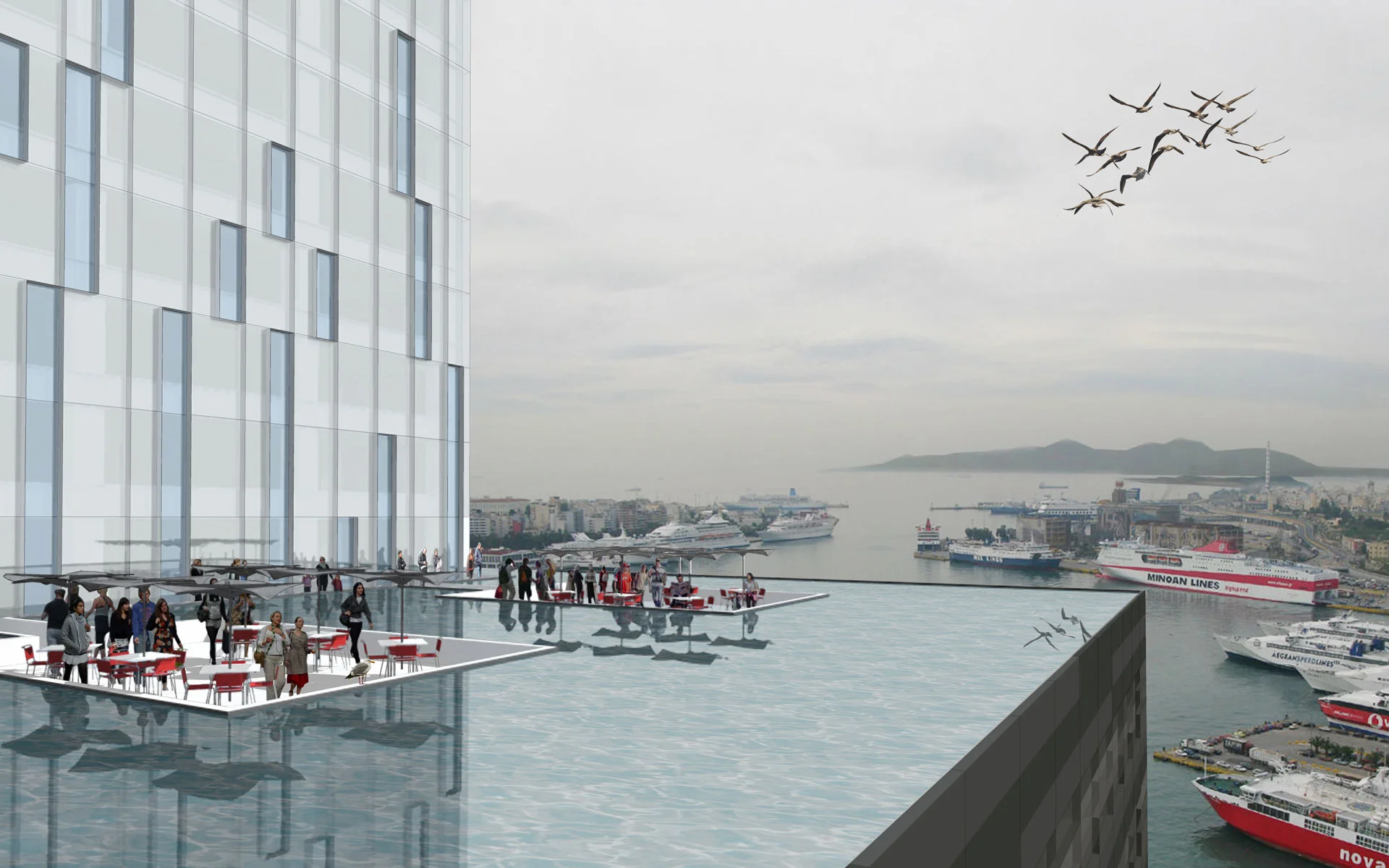 PIRAEUS TOWER | architecture, interiors The concept is inspired by the story of Poseidon and Athena competing to become the patron of Athens. The building emerging from a pool of water symbolizes Poseidon’s return, bringing prosperity and modernity to the city of Piraeus. The building skin represents this emergence from water. The parameters for the fenestration patterns are based on digital studies of the shadows, rhythms, and reflections created by various water streams. Utilizing both layers of the double skin, the pattern is represented boldly with the large recessed windows and louver system as well as subtly with the strategic placement of colored glass on the inner glazing. Resting in a pool of water created by Poseidon’s trident, the building is reflected to the sky, symbolizing a connection to the gods. This reflecting pool also contains multiple sunken plazas providing opportunities to enjoy the views and the overall experience. International Competition Location: Piraeus, Greece Size: 37,500 square feet