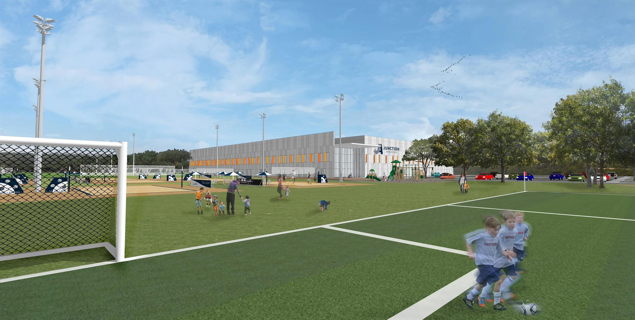 JUNCTION ATHLETICS | architecture, interiors, graphics, ffe The project is slated for Fall 2018 and is a $20m project that will furnish Southwest Austin with a modern, 69-acre sports facility. Runa’s design knits together an olympic-sized pool, 12 beach volleyball courts, 4 soccer fields, 12 indoor multi-use courts, and a network of wooded trail runs. Client: Missy Link + Lindsay Rosenthal Location: Austin, Texas Size: 180,000 square feet
