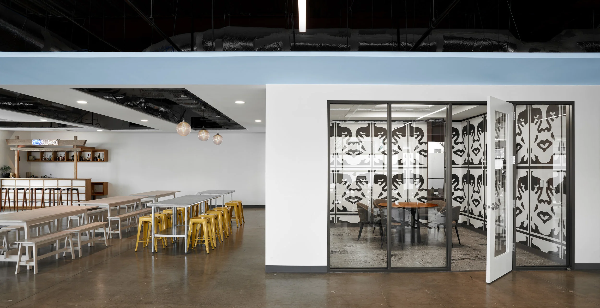 SUMO | interiors The design borrows from the concept of “apps and website integration” to generate a framework where programmatic elements are being plugged in as components. A feature ceiling element, the framework, runs east and west hosting most of the program elements. Voids reveal the structure behind as a metaphor for website/ app analytics. The ceiling element frames the open office area which has been oriented to optimize views and daylight. The design fosters four aspects of Sumo culture: Collaboration, Community, Colorfulness, Character. Client: Sumo Location: Austin, Texas