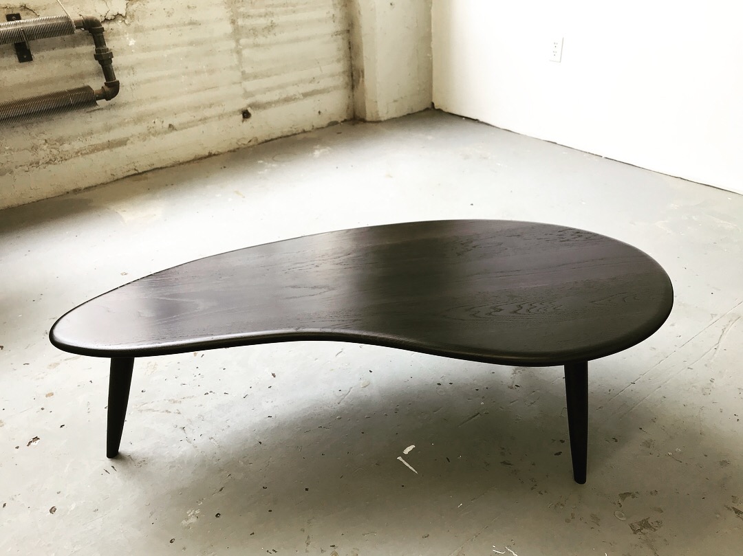   Ebonized white oak, visible joinery.  Friends on Cumberland Street always had this shape in mind for a coffee table but couldn’t find one in the right dimensions. It had to fit their sectional sofa without being an obstacle, and be light enough to 