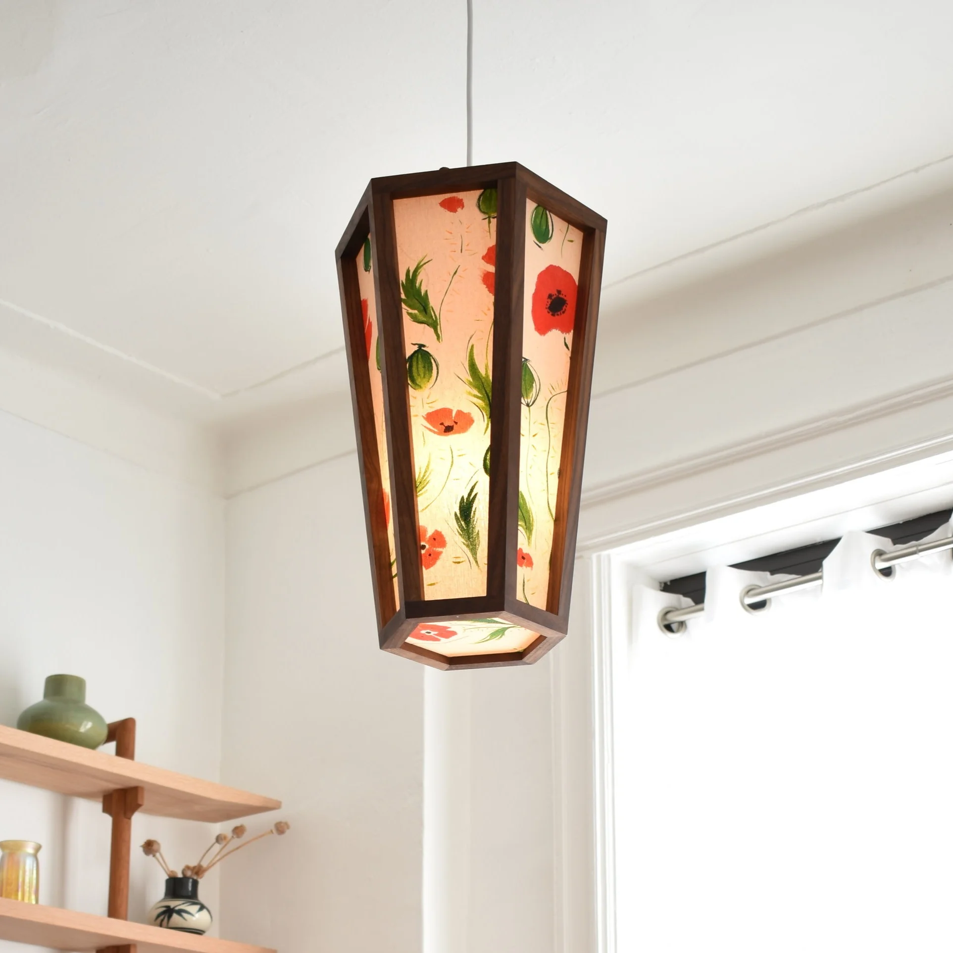Pendant Lamp, Walnut and Hand-Painted Canvas