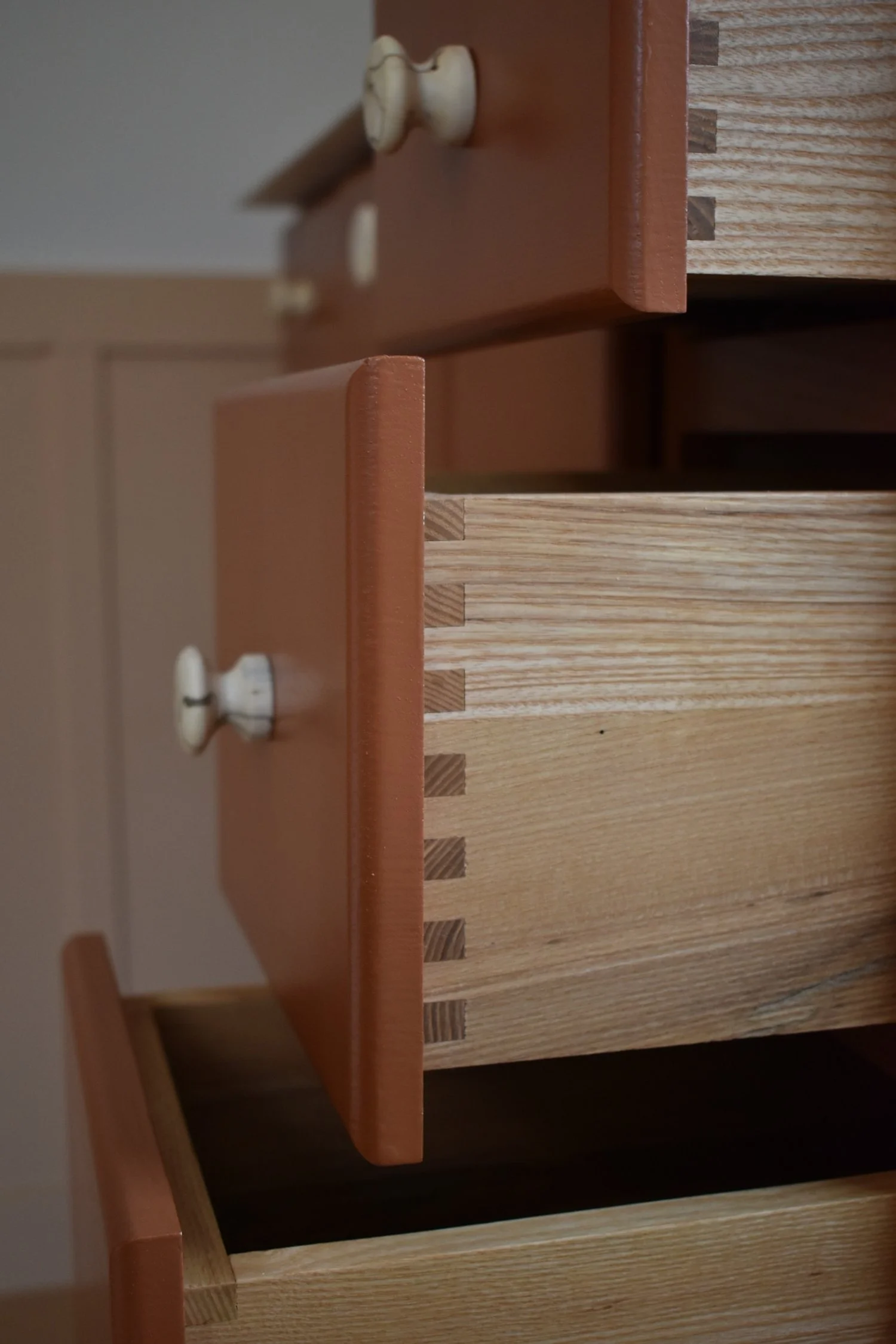  Solid Ash drawers, box jointed. Spalted maple pulls. 