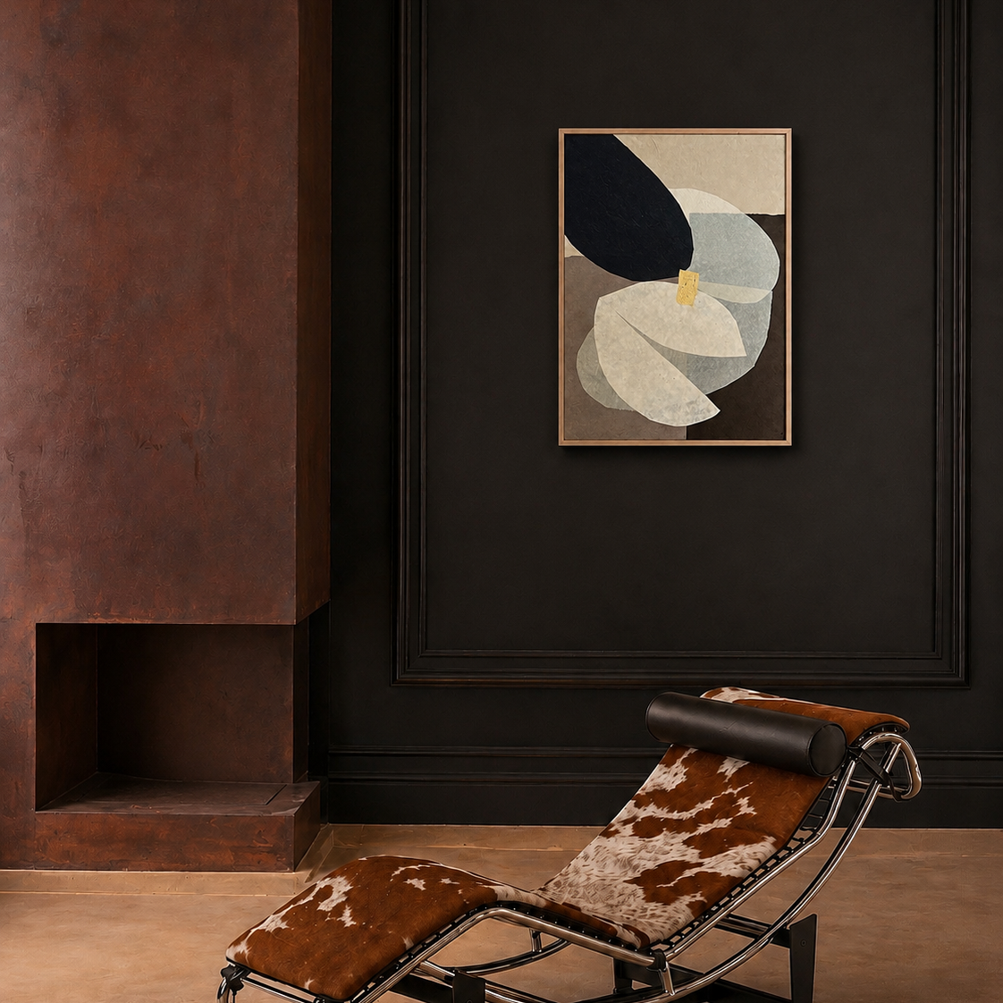Un fauteuil inclinable en cuir et métal avec une housse en peau de vache, placé dans un intérieur moderne avec un mur noir, un cadre mural avec une œuvre abstraite et un mur en brique rouge.